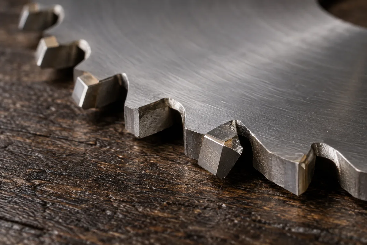 Lame circulaire carbure avec une dent ébréchée et une plaquette manquante, vue en gros plan