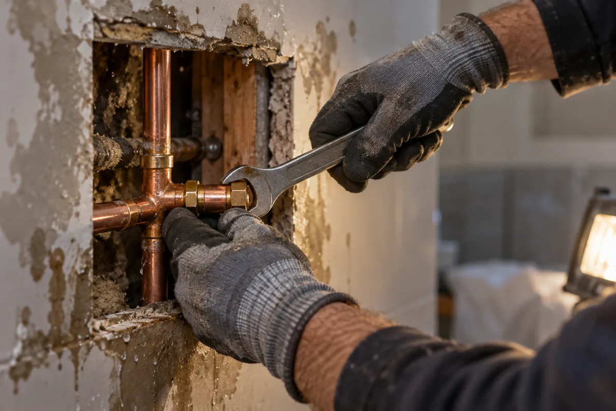 Raccord de canalisation réparé dans une cloison ouverte, avant l&rsquo;assèchement du mur