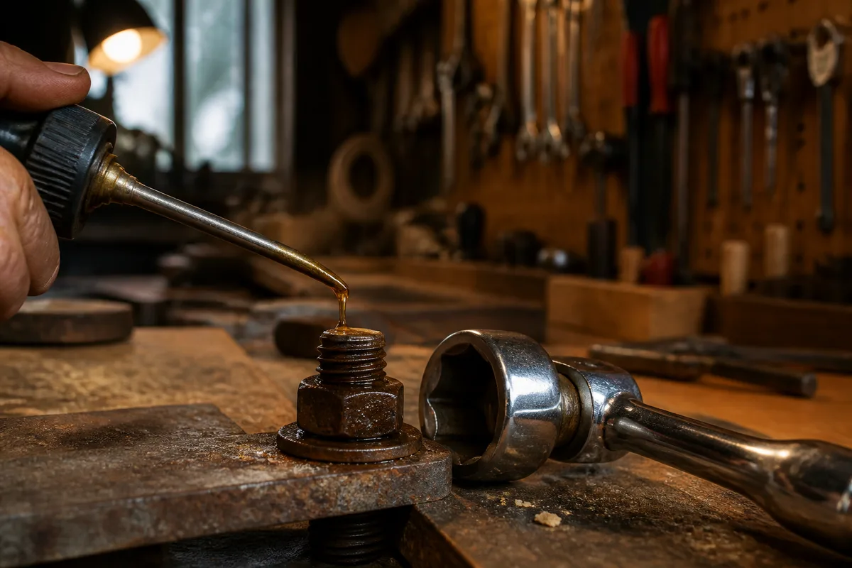 Application de dégrippant sur un écrou rouillé avec clé à douille posée à côté