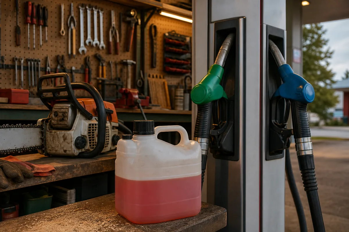 Pistolets de distribution SP95 et SP98 en station-service avec bidon de mélange au premier plan
